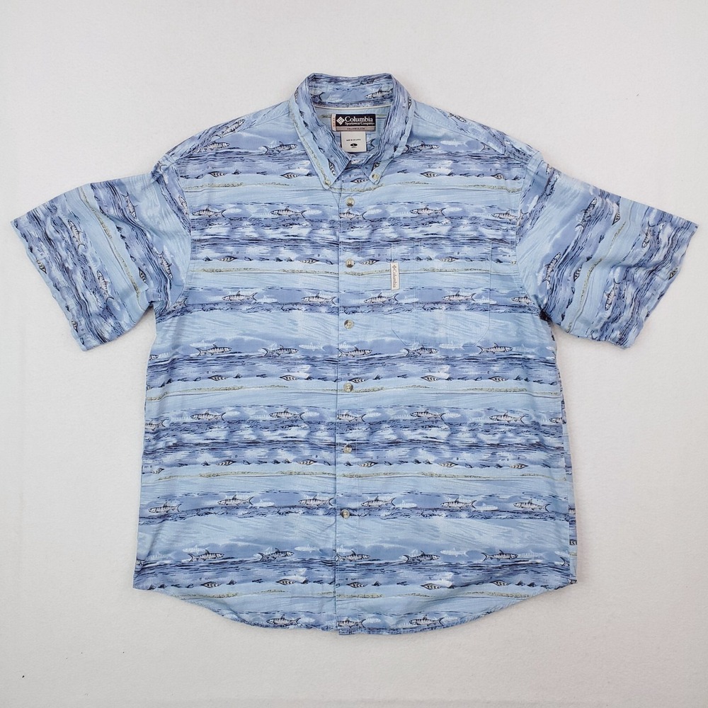 Columbia Shirt Mens Large Blue Fish Fly Fishing Striped‎ Flies Nymph XCX AOP